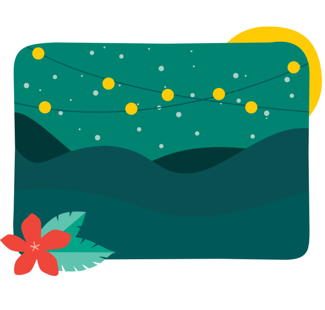 Header image with green hills and festive lights